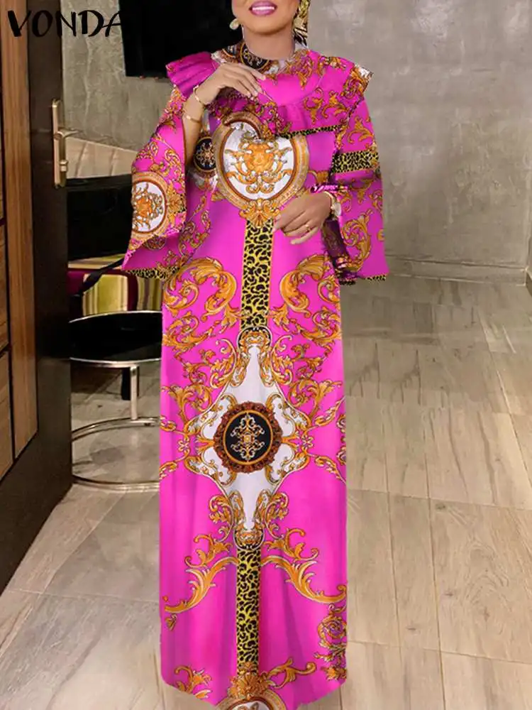 

VONDA Autumn Women Bohemian Ruffled Dress 2023 Long Flare Sleeve Printed Long Maxi Sundress Stand Collar Casual Loose Robe Femme