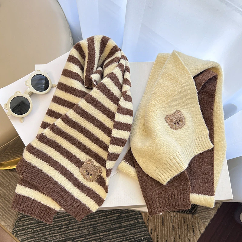 Cute Plaid Striped Bear Kids Scarf Korean Knitted Winter Warm Scarves Children Girl Boys Outdoor Cold-proof Neckcheif Shawl