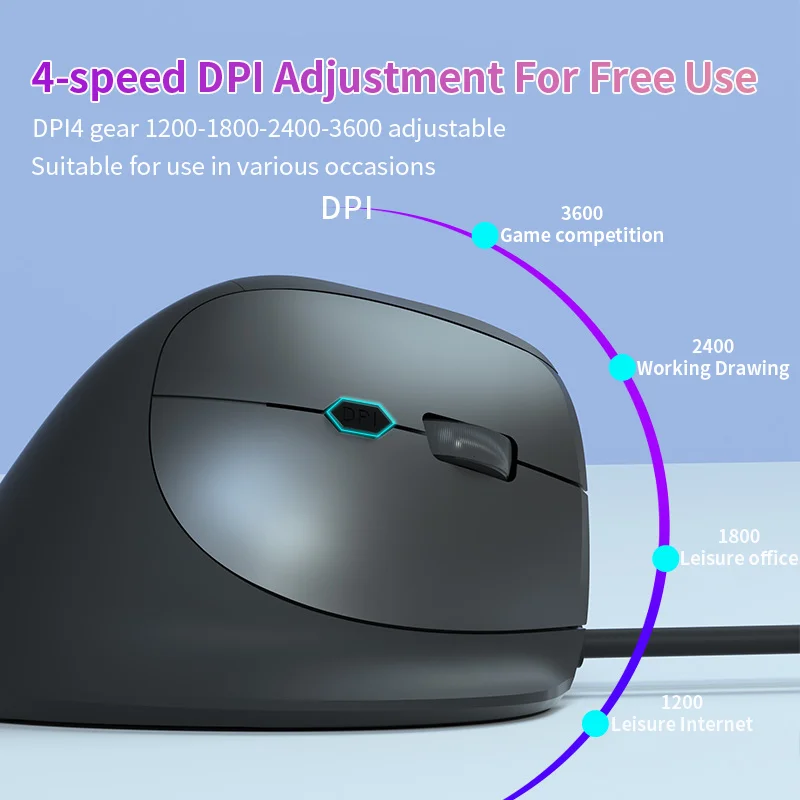 Pulsante muto per mouse verticale cablato 3600 DPI regolabile con tasti laterali Design ergonomico Uso ufficio Mouse per computer Plug and Play - immagine 3