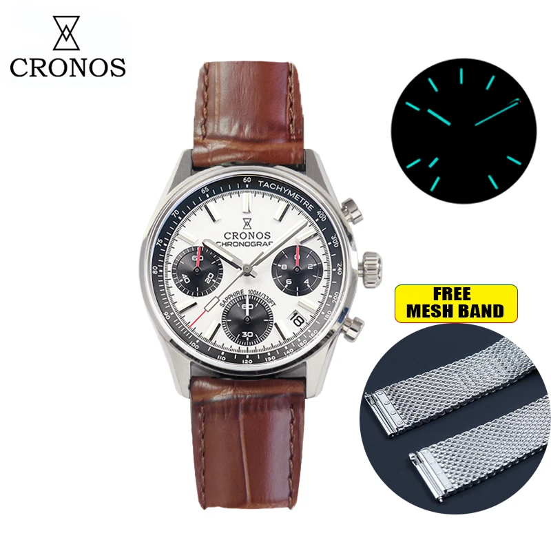 Cronos New Chronograph Quartz Men Watch Miyota S620 Black&White