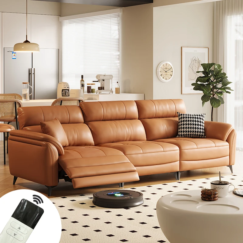 

Genuine leather functional sofa, small unit, three person simple living room, straight row, zero leaning against the wall, intel