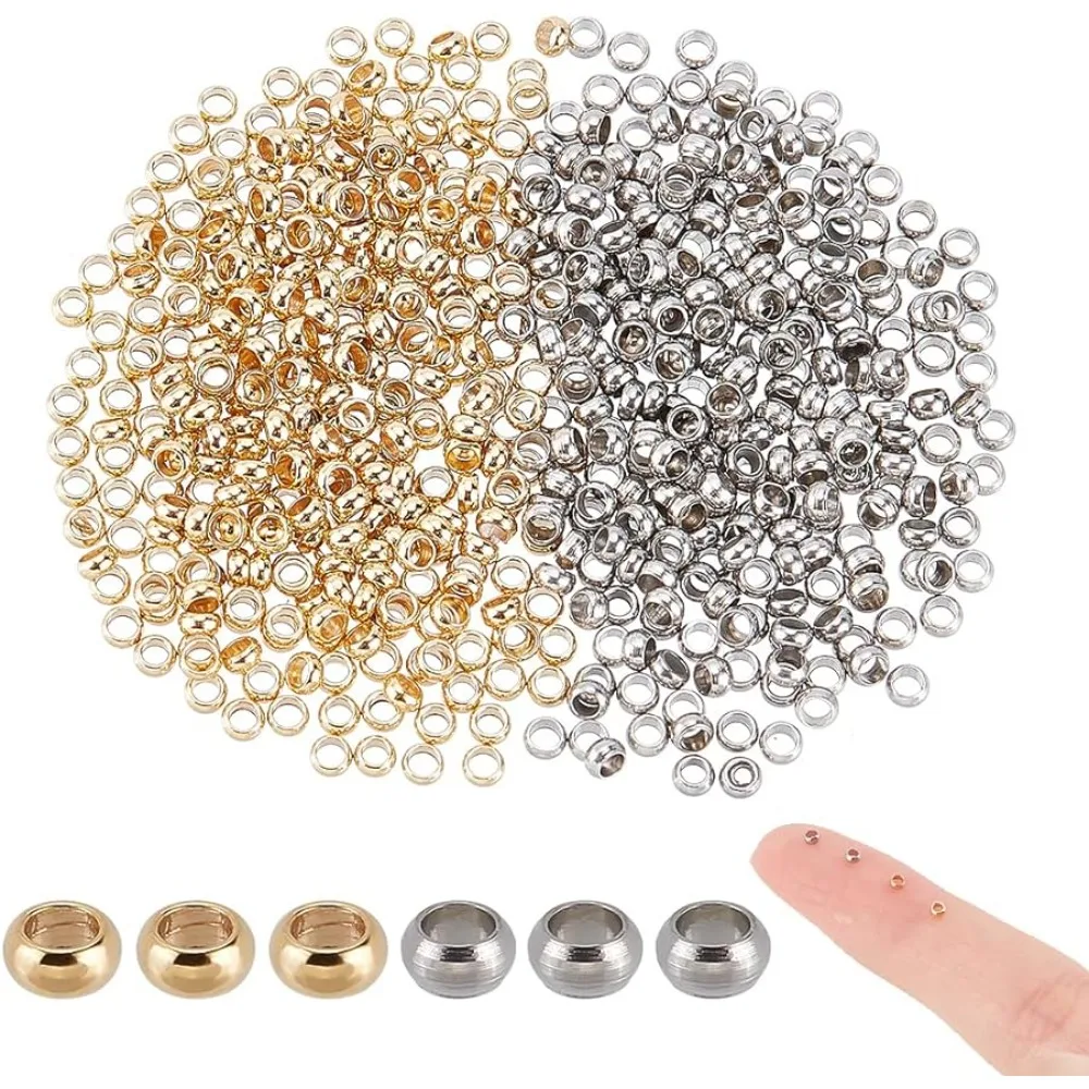 

About 600pcs 2 Colors 304 Stainless Steel Spacer Beads Smooth Loose Rondelle Beads Stopper Beads Metal Crimp Bead for Necklace