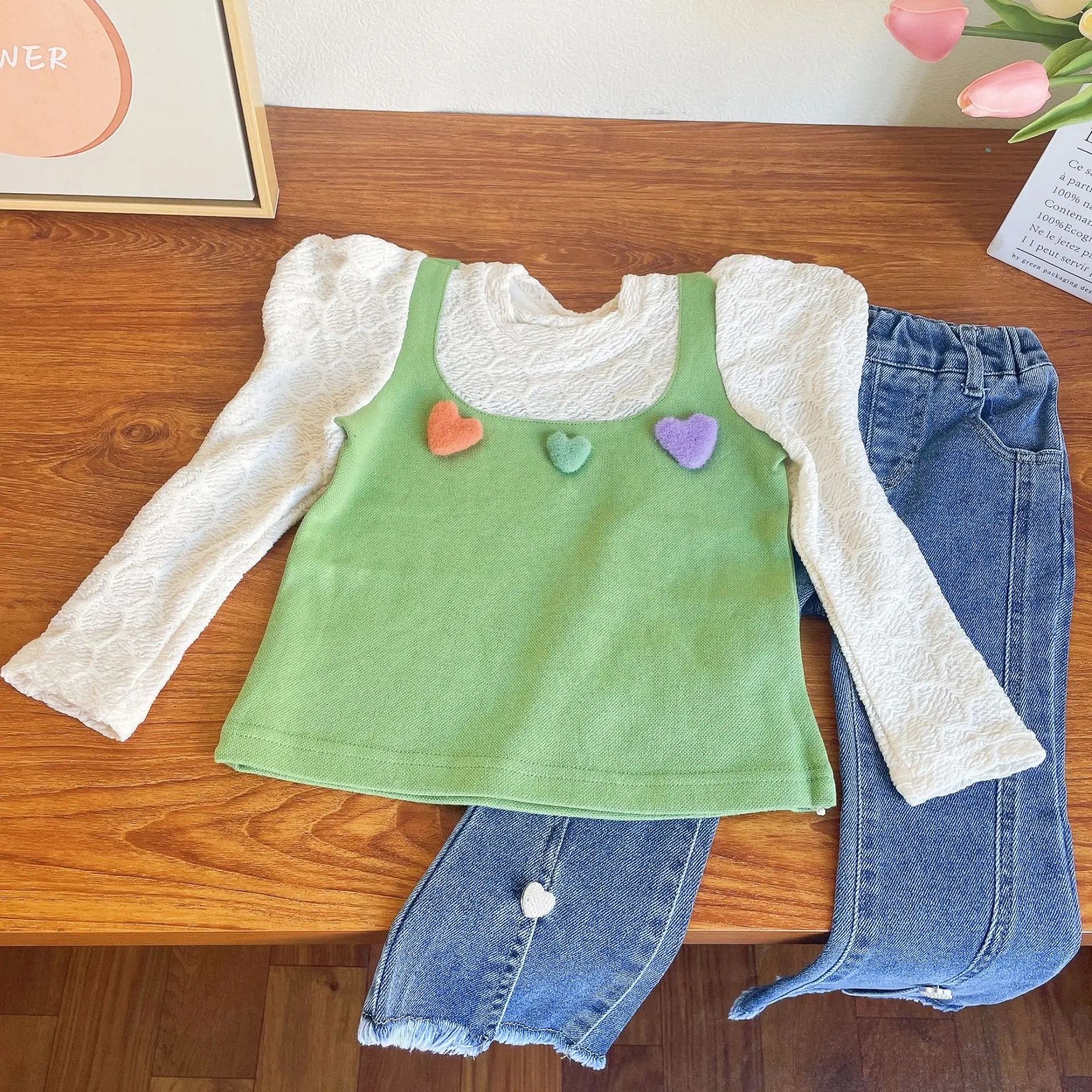 

Girls Clothing Sets Spring Autumn Girls Korean Fashion Clothing Sleeve Long Shirt Tops +Jeans Pants 2pcs Suits Baby Girl Clothes