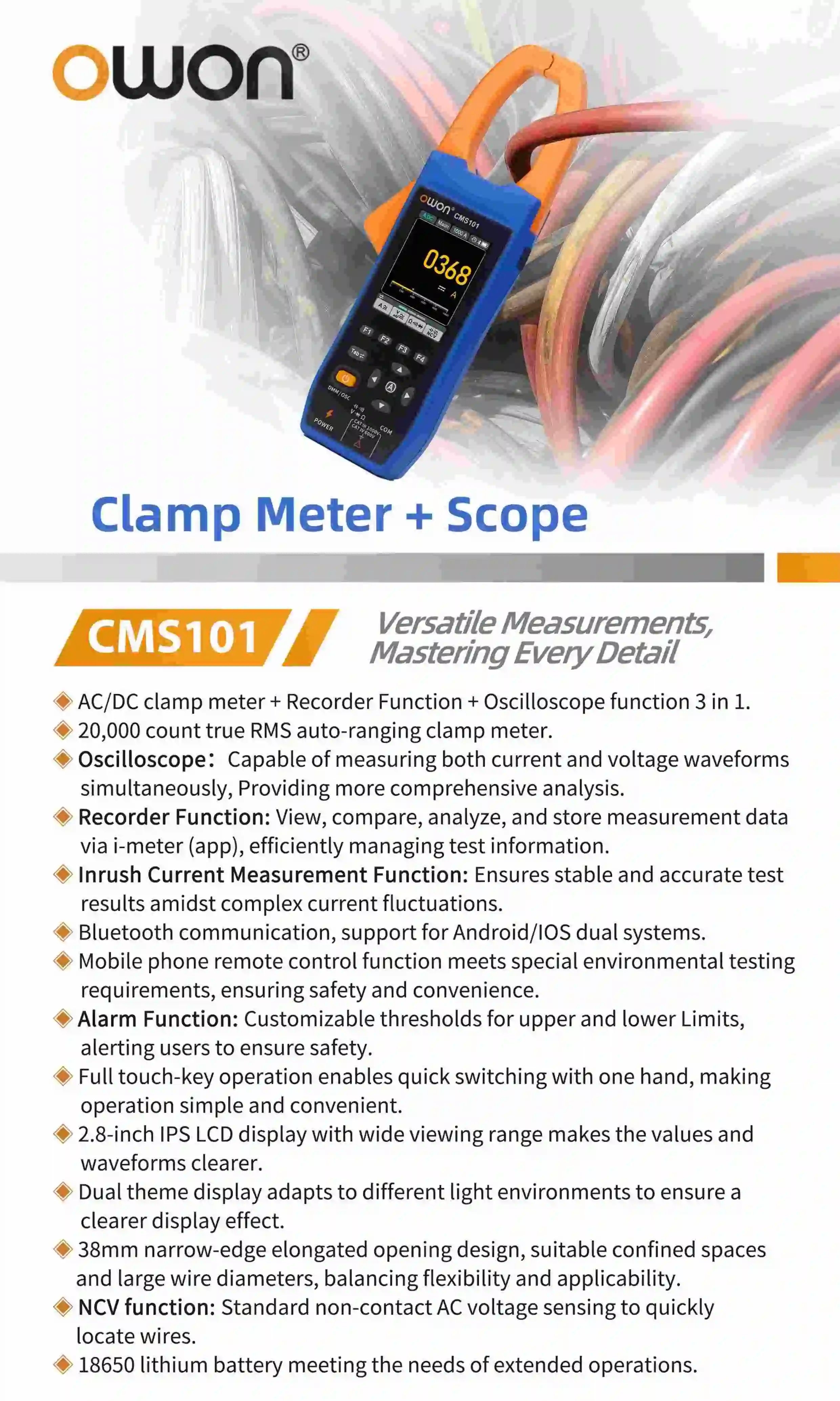 CMS101 Three In One 1000A AC/DC Clamp Teter+Digital Oscilloscope Bluetooth Recor