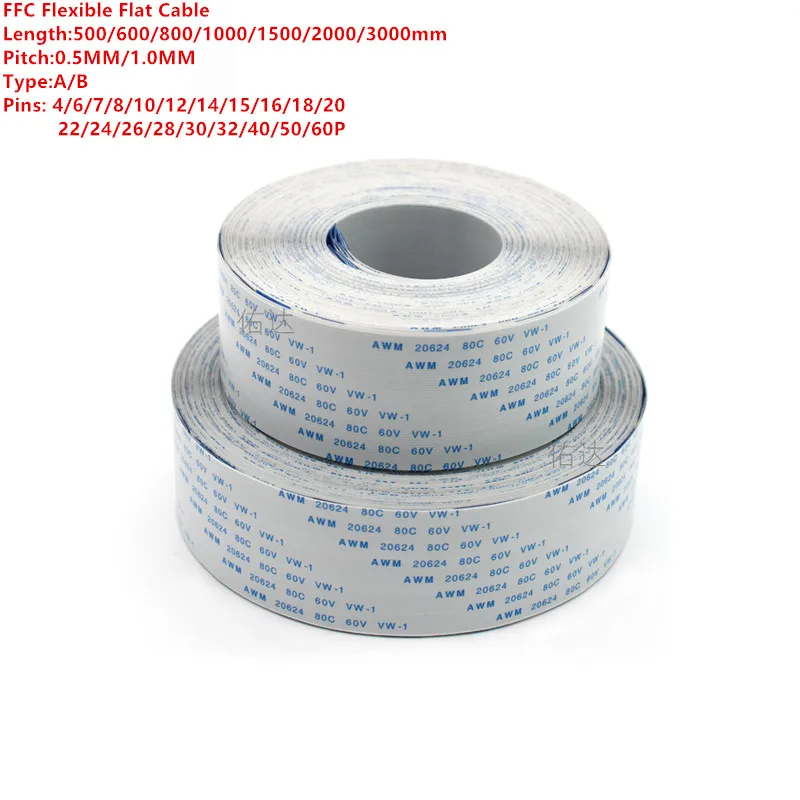 

FPC FFC 500/1000/2000mm AWM 20624 80C 60V VW-1 Flexible Flat Cable A/B Type Ribbon Wire 4P/6/8/10/12/14/16/20/26/30/40/50/60Pin