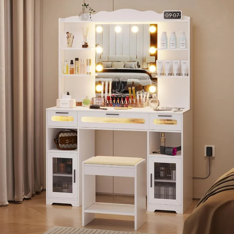 

White Vanity Desk with Mirror and Lights, Makeup Vanity Set with Charging Station, Power Strip, Vanity Table with Mirror