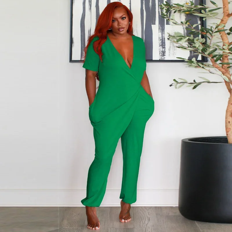 

KEXU Short Sleeve Draped V-neck Green Women Jumpsuit 2024 Party Solid with Poket Summer One Piece Overalls Casual Playsuit