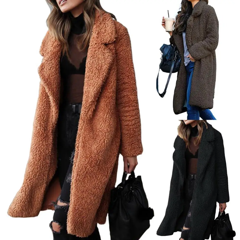 

Long Sleeve Lapel Solid Color Thicken Warm Autumn Winter Plush 2021 New Polyester Fiber Spandex Women Winter Cardigan Midi Coat