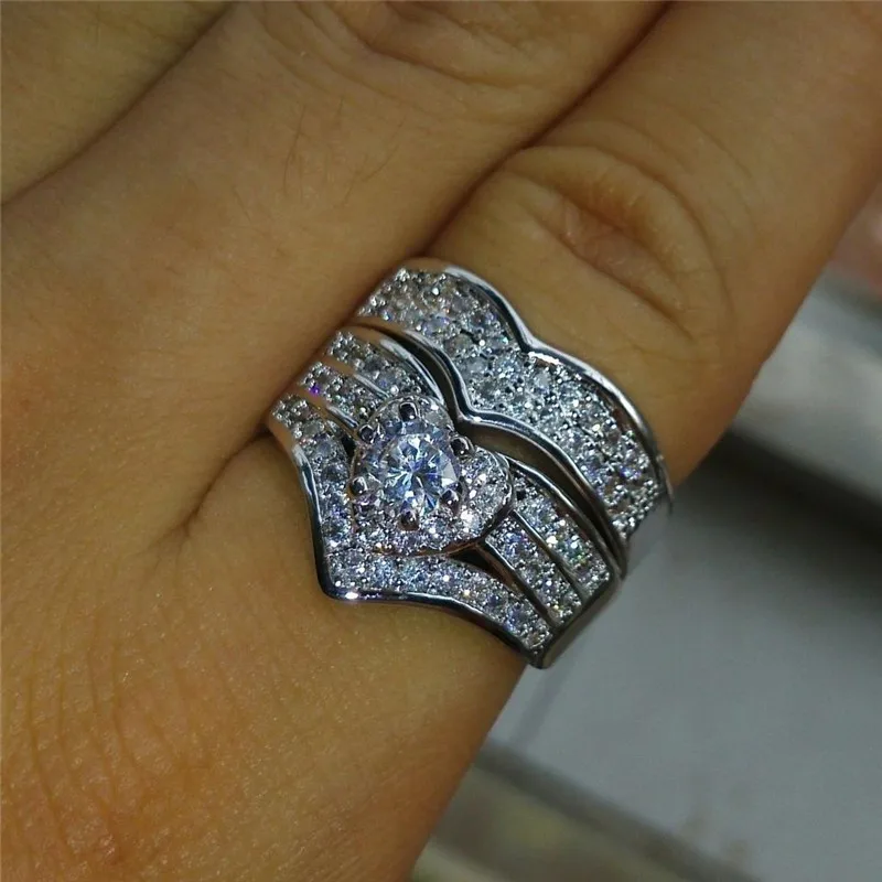 

2PCS Luxury Full Zircon Crystal Ring Silver Color Rings Sets For Women Jewelry Engagement Wedding Statement Anillos Accessories