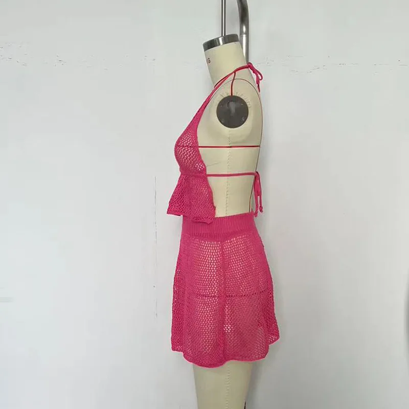 Women's Knitted Cover Up Set Halter Tank Top and Mini Skirt Set Sexy Cutout Swimsuit Cover Up Suitable for Beach Wear 2024 New