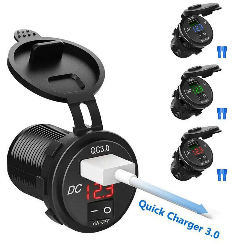 

Car Charger Socket with ON-OFF Switch and Digital Voltmeter Display QC 3.0 USB Fast Charging Adapter 12V/24V for Car Motorc Q4F8