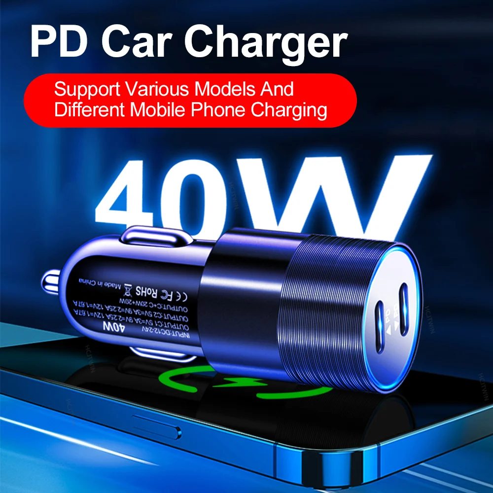 Car Phone Charger Dual USB C 40W 2 Port for iPhone Samsung