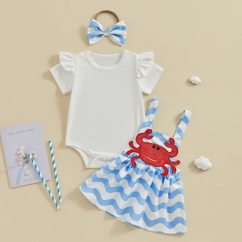 

Toddler Baby Girls 3Pcs Clothes Set Sweet Summer Rompers Crab Embroidery Wave Stripe Suspender Skirts Hairband Infant Clothing