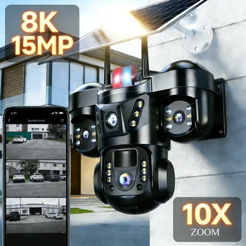 Telecamera Solare Wireless WiFi 8K 15MP con Tre Obiettivi e Tre Schermi, Scheda SIM 4G, Rilevamento Umano, Sorveglianza Esterna V380