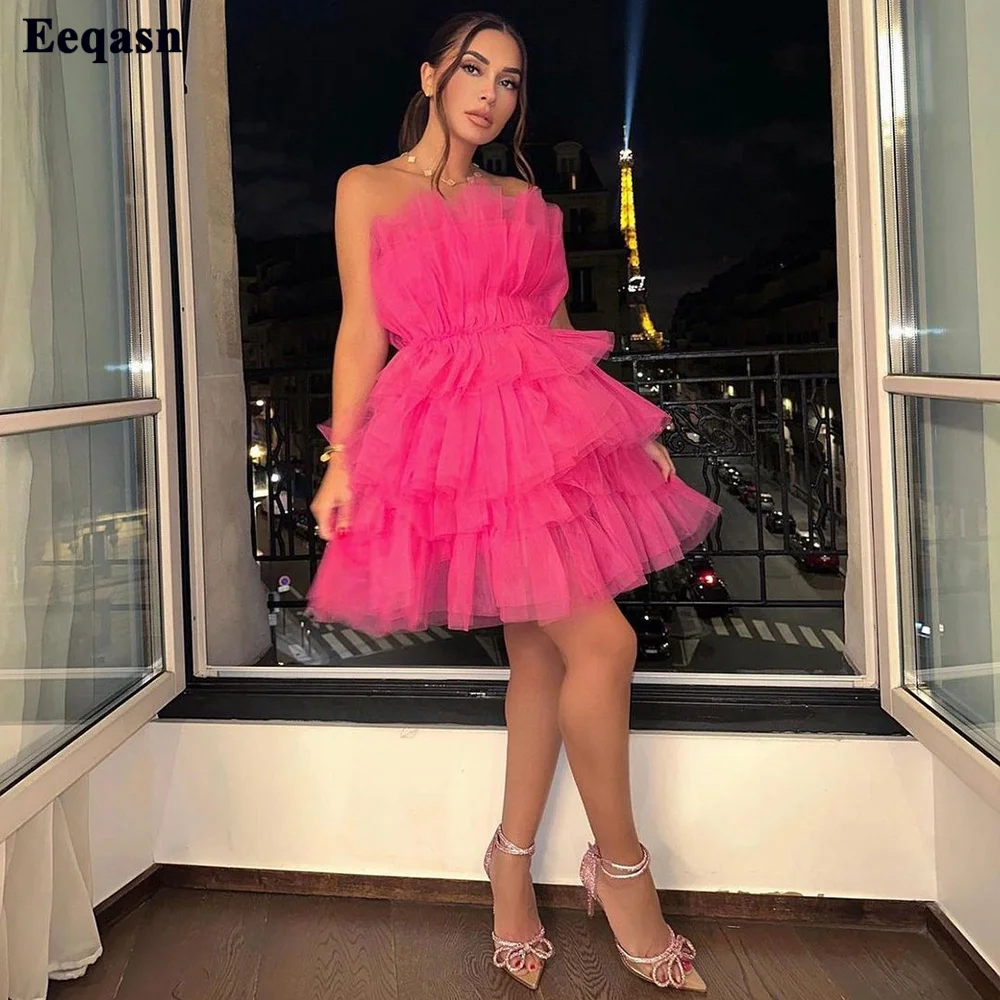 

Bafftafe Fuchsia Tulle Short Prom Dresses Above knee Mini Tiered Skirt Cocktail Dress Homecoming Gowns For Women Party Wear