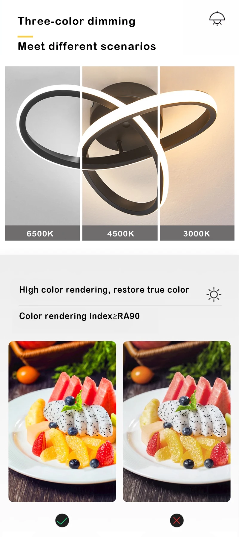 Description Picture 6 of itemHousehold LED Chandelier Three Colors Lamp Modern Style Ceiling Lamp Bedroom Light Surface Installation AC 220V Dining Room Lamp