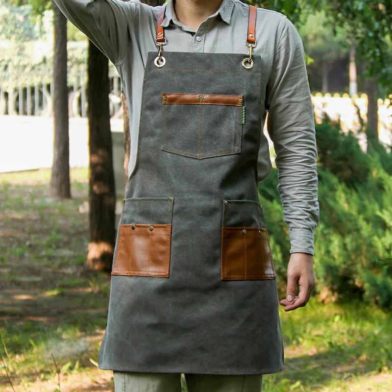 Apron Denim PU Leather Panel Contrast Multi Pocket Work Suit Barber Bakery Western Meal Waiter