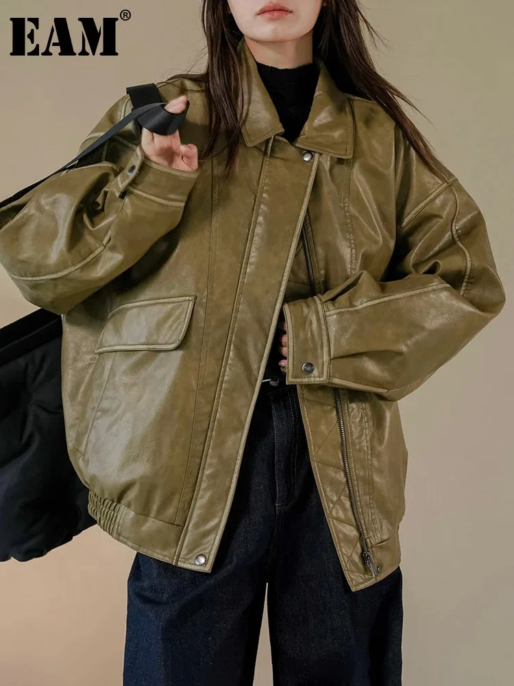 

[EAM] Yellow Big Size Loose Fit PU Leather Jacket New Lapel Long Sleeve Women Coat Fashion Tide Spring Autumn 2024 1DH3765