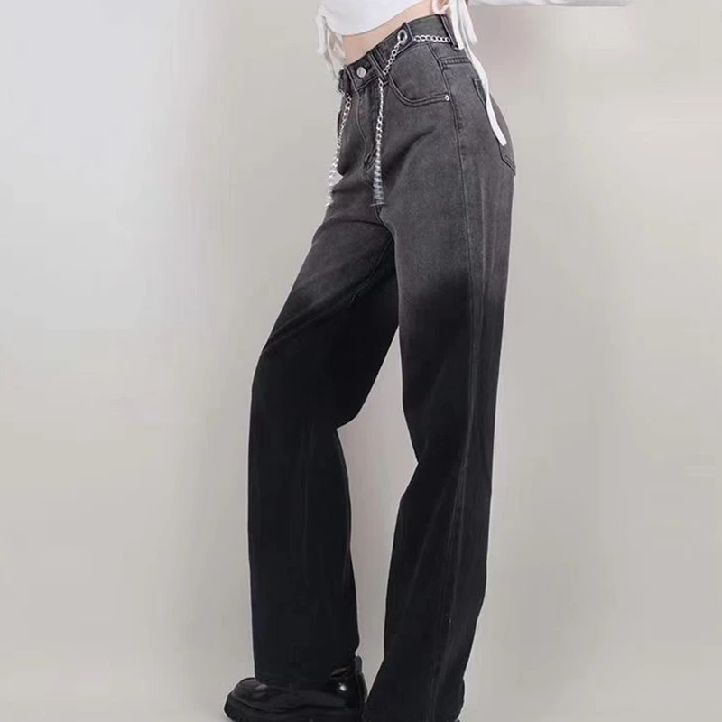 Denim Goth Y2K Black Pants Jean Trousers For Women Mom Jeans Woman High Waist Casual Pants Streetwear Straight Leg Jeans Ladies
