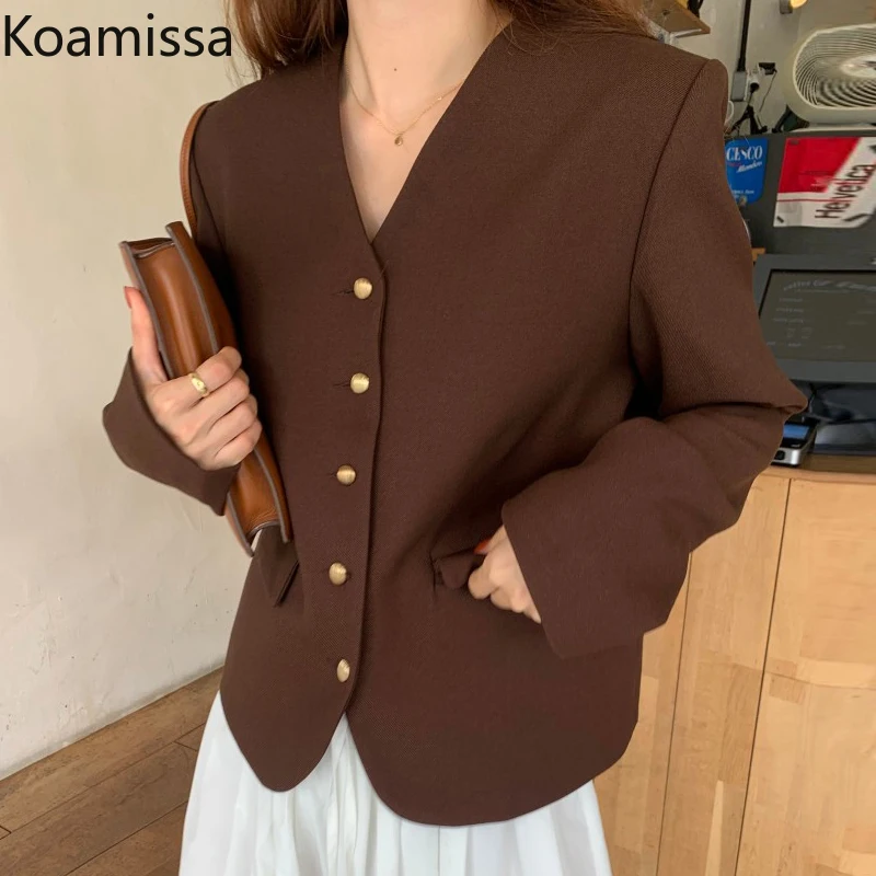 Koamissa New Spring Autumn Women Blazer Coat V-neck Single Breasted Long Sleeves Lady Outer Causal Loose Blazers Korean Chic Top