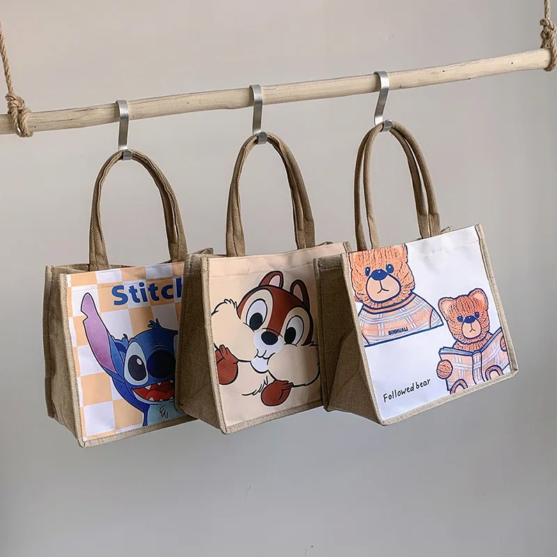 Fashion Disney Mickey Mouse Linen Shopping Bag for Women Kawaii Lilo and Stitch Cartoon Large Capacity Outing Tote Bag Girls Bag