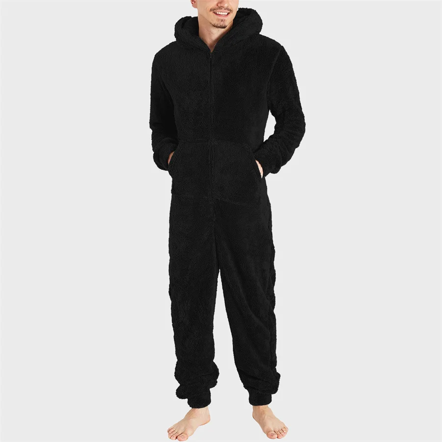 Men's Winter Warm Pajamas Set Men Solid Zipper One-piece Nightwear Long Sleeve Hooded Long Jumpsuit Sleepwear 5XL men bodysuits men jumpsuits