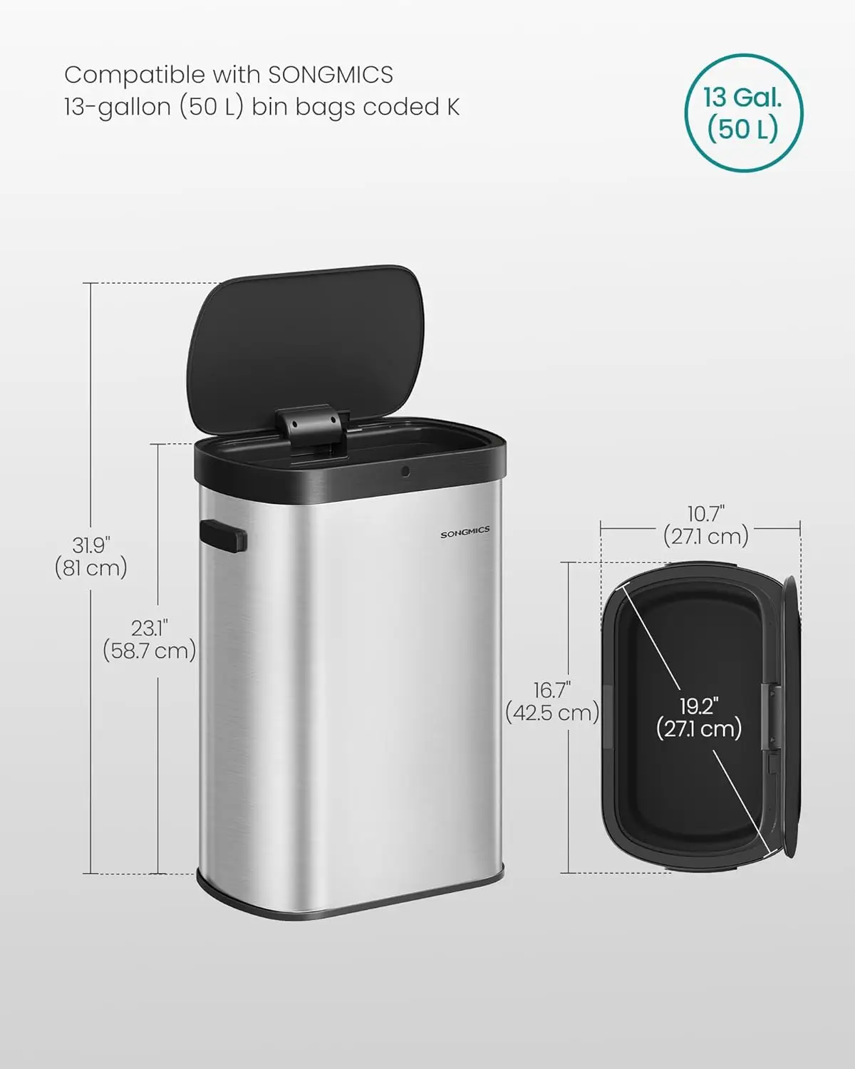 Motion Sensor Trash Can, 13-Gallon (50 L) Automatic Garbage Can with Soft Close Lid, Stainless Steel, Wave or Touch to Open