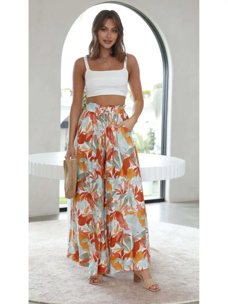 Wide Leg Pants for Women Loose Palazzo High Elastic Smocked Paper Casual Lounge Culottes Pants Solid Color Trousers