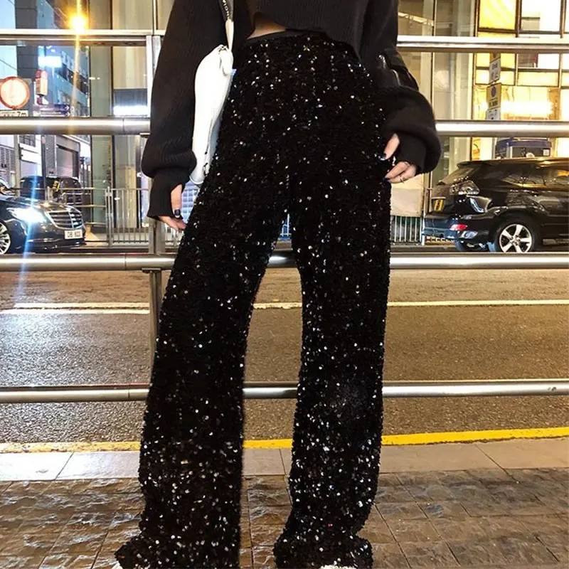 Spring High Waist Sequined Casual Pants Women Draped Wide Leg Pants 2022 New Trousers Women Wild Straight Pants Pantalon Femme