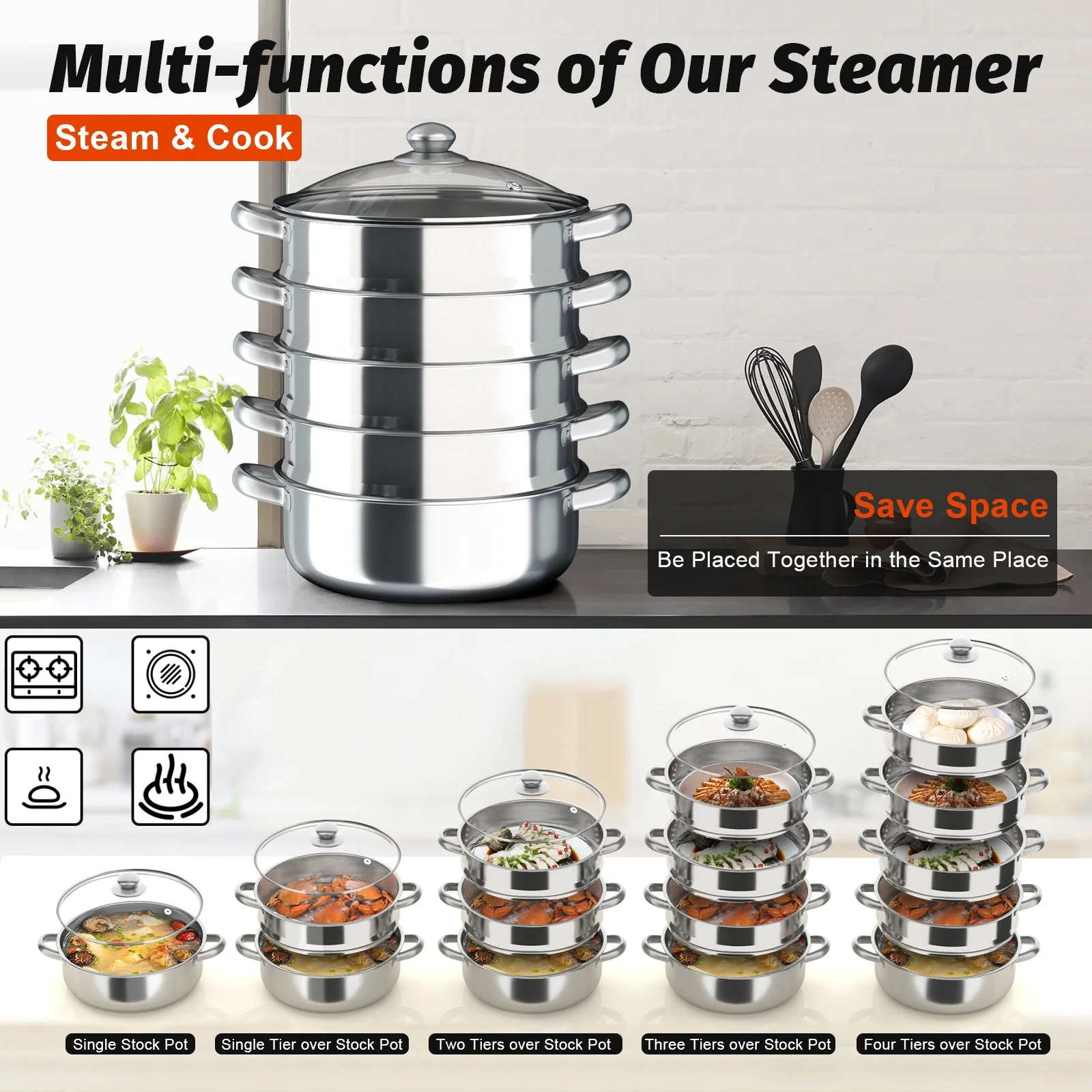 3/5Tiers Steamer Hot Pot Stainless Steel Cooker Steam Pot Food Cooking Glass Lid