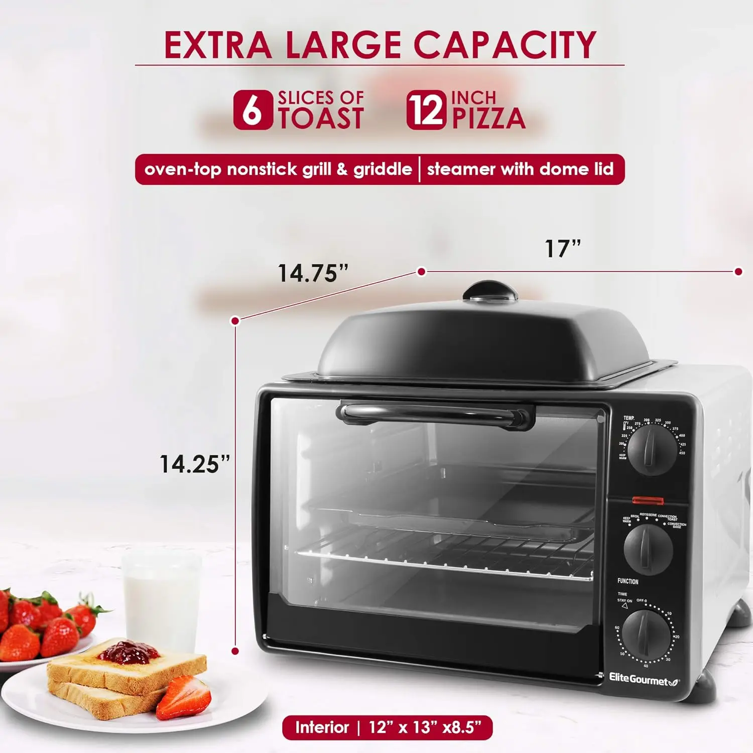 Gourmet ERO-2008SZ## Countertop XL Toaster Oven w/Top Grill & Griddle & Lid + Convection Rotisserie, Bake, Broil, Roast, T