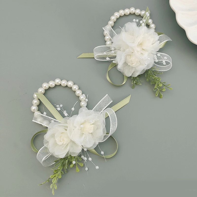 Se67564c3e3be493694f0d7f88e4161d1e Girls Bridesmaid Wrist Corsage Bridal Prom Party Boutonniere Satin Rose Pearl Bracelet Fabric Hand Flowers Wedding Accessories Mallzona