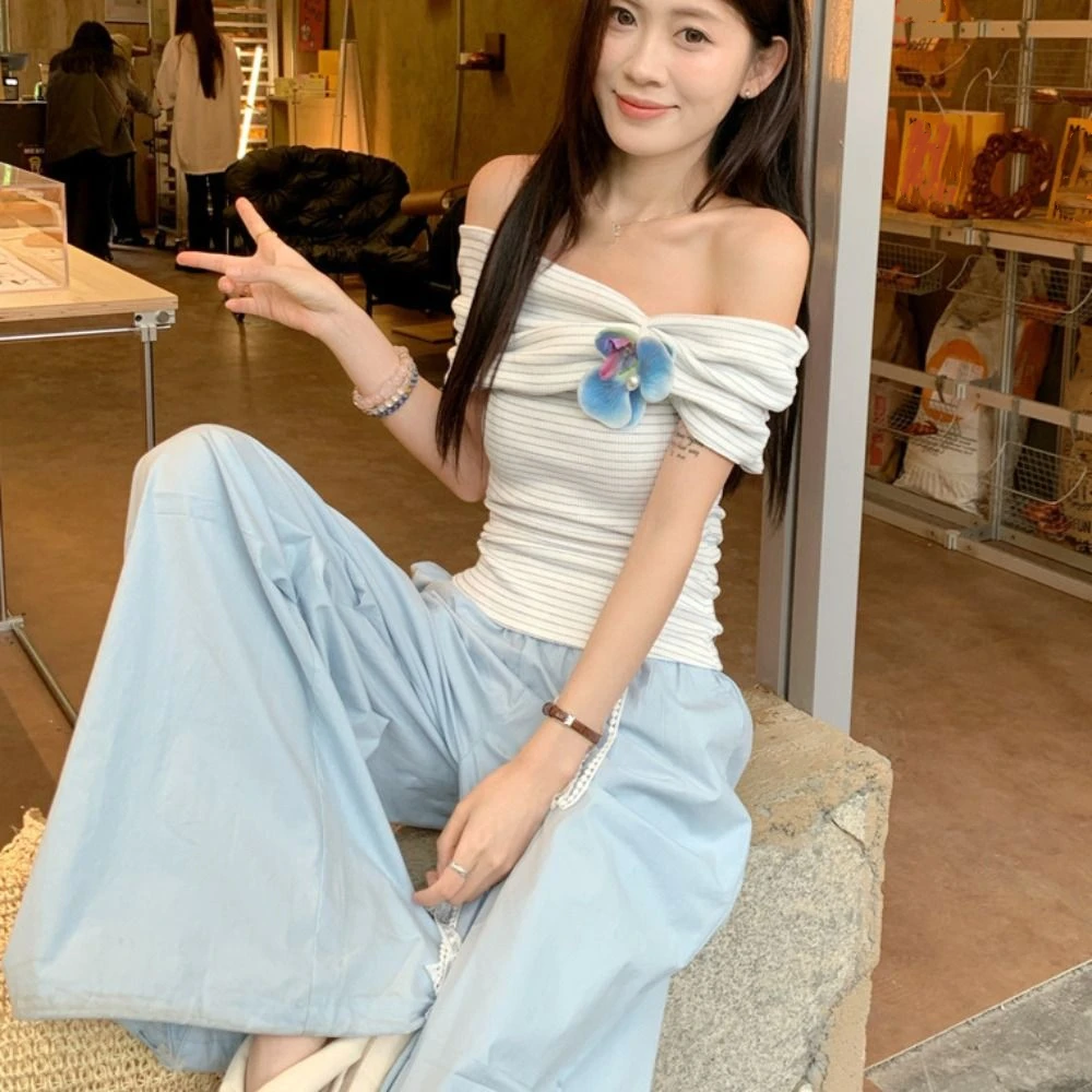 Description Picture 4 of itemAll-match Stripe Off Shoulder Crop Top Slim Fit Ins Bohemia T Shirts Sweet Female Clothing Stripe Flower T-shirt Female