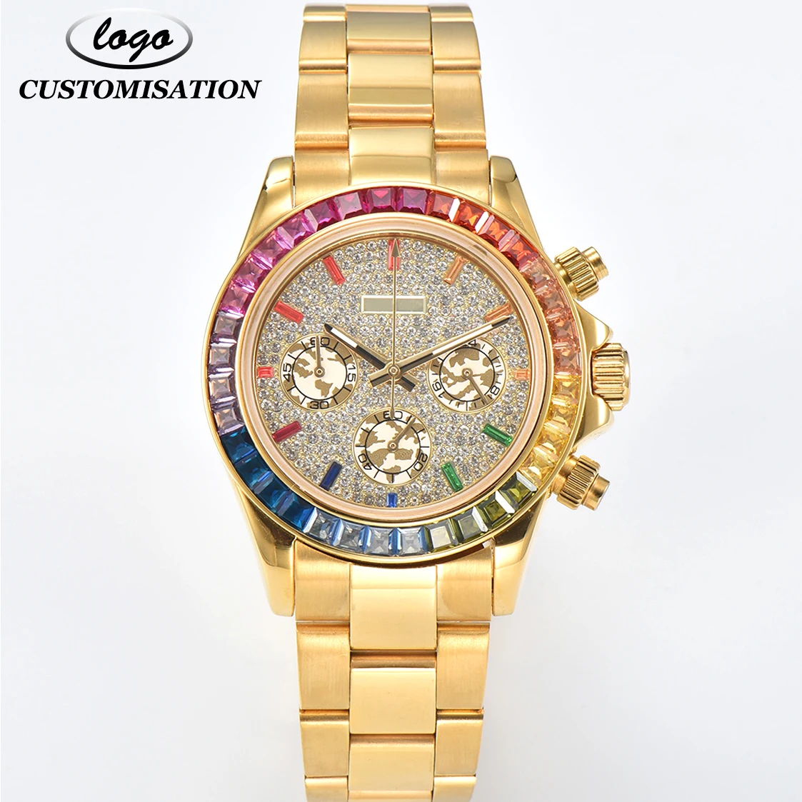 

Мужские часы VK63 с индивидуальным логотипом 39 мм, спортивный многофункциональный хронограф, цветной бриллиантовый Безель, золотой браслет из нержавеющей стали