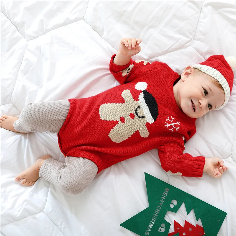 

Newest Infant Baby 2PCS Christmas Outfits, Cute Long Sleeve Round Neck Knitted Sweater Romper + Beanie Hat Set, 0-18Months