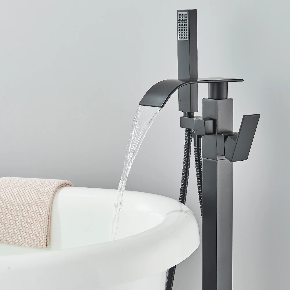 Floor Standing Faucet Bathtub Shower Floor Mounted Tub Filler Faucet Brass Bathroom Tub Faucets with Hand Shower 5