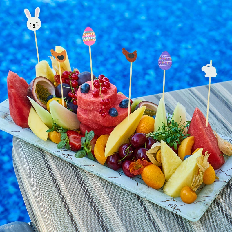 50/100PCS Easter Bamboo Sticks Rabbit Egg Pattern et Cupcake Fruit Snack Fork Happy Easter Party Decoration Birthday Supplie fruit fork,food picks,bamboo sticks