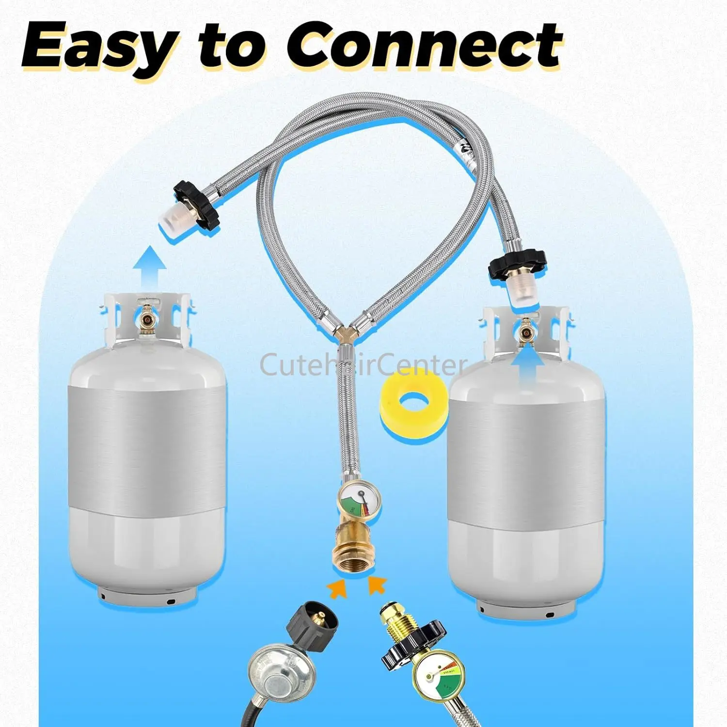 1kit Dual Propane Tank Connection Y-Splitter 2 Way POL & QCC Stainless Steel Hose Connect 5-100lbs Cylinder Grill Heater 350PSI
