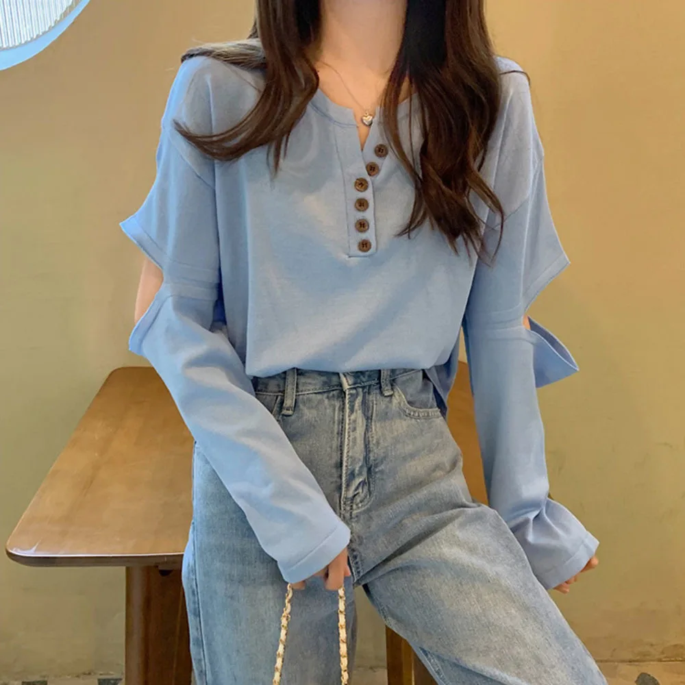 

Женские однотонные дизайнерские футболки с V-образным вырезом, на пуговицах, с длинным рукавом, нежные топы для отдыха Ulzzang, модные новые женские футболки