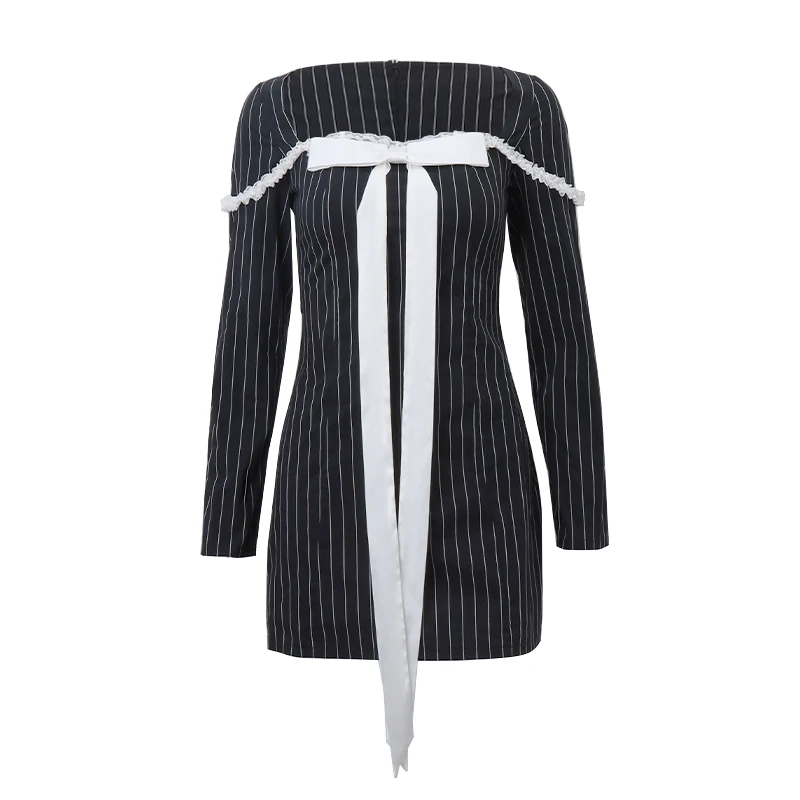 Xeemmilo elegante fiocco Patchwork abito manica lunga Retro scollo quadrato pizzo punto aderente Mini abiti 2023 abiti da sera per feste