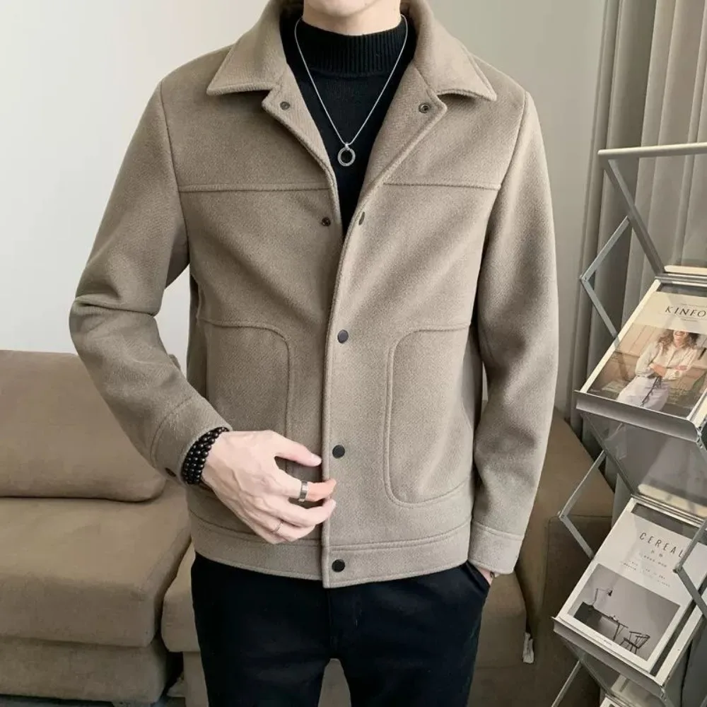 2023 Fashion Men Single-Breasted Windbreaker Solid Color Slim Short Woolen Coat Winter Casual Warm Windbreaker Coat Men Clothing