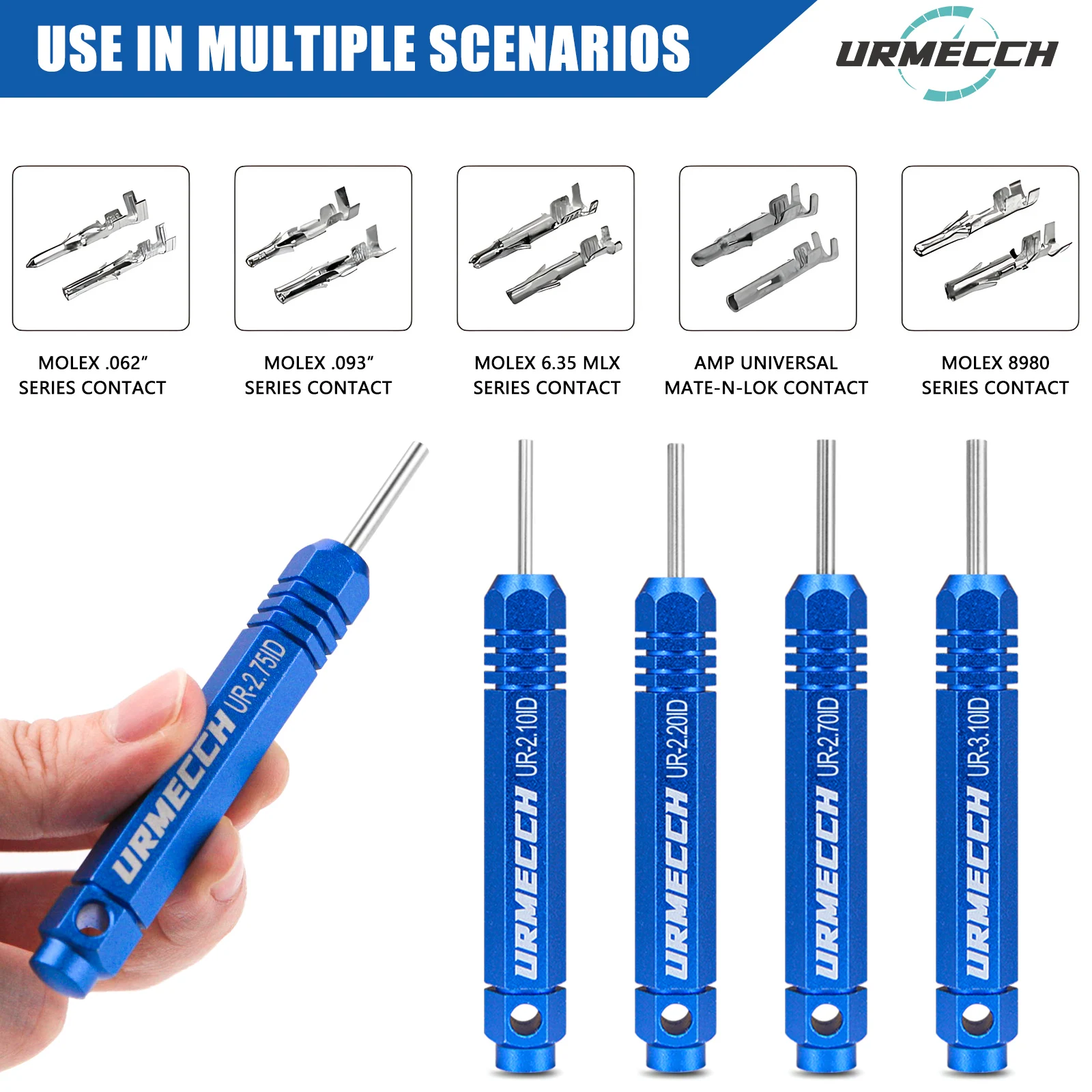 URMECCH 5pcs 핀 추출기 터미널 제거 도구 키트 JST/AMP/Molex 소켓 커넥터 암수 커넥터 튜브 유형