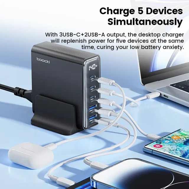 Toocki 140W GaN USB Charger 5in1 Desktop Fast Charge USB Type C Charger LED Display Charger For iPhone Xiaomi Smartphone Laptop 5