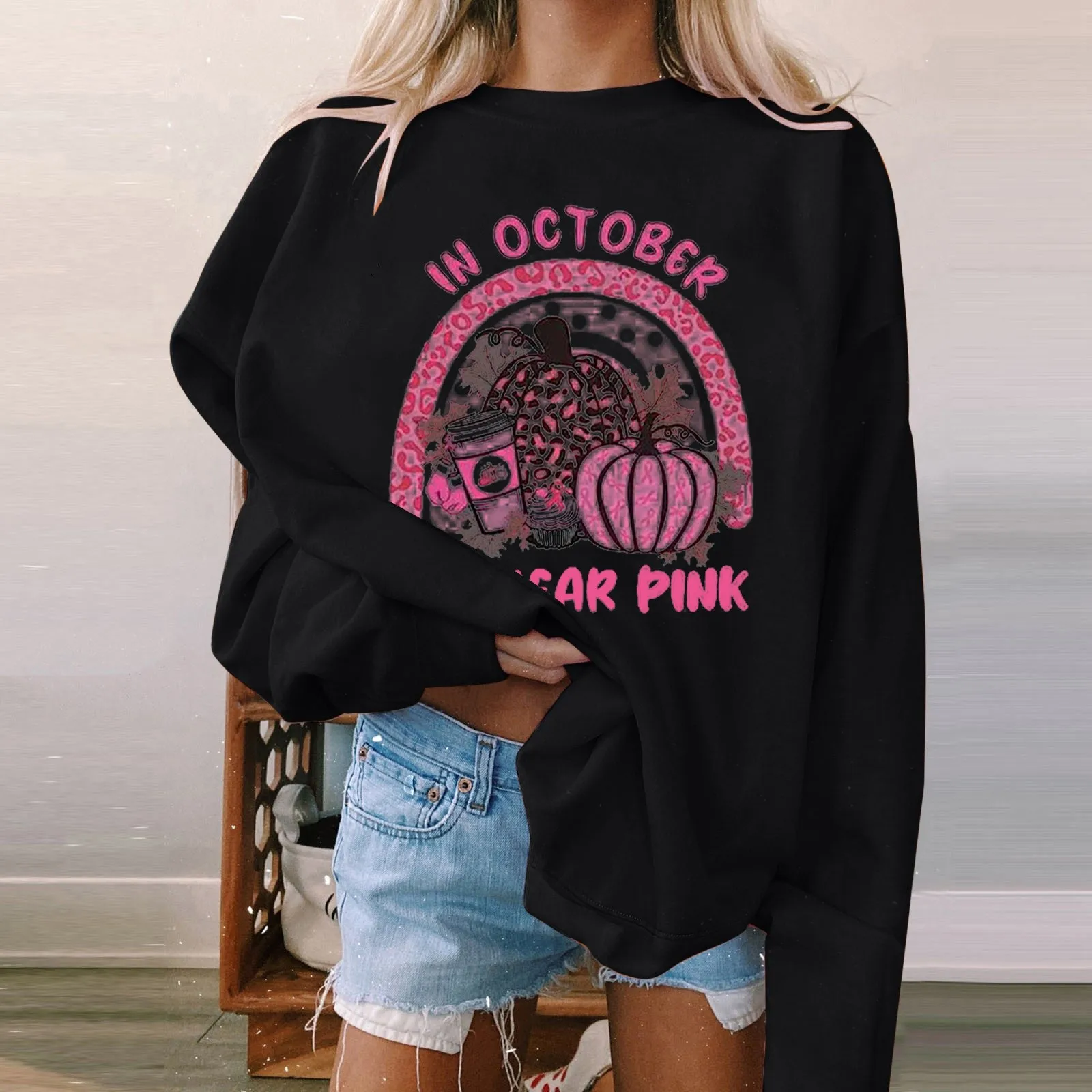 

Women's Long Sleeve Crewneck Sweatshirt With Pink Rainbow Breast Cancer Awareness Logo casual women Clothes folk
