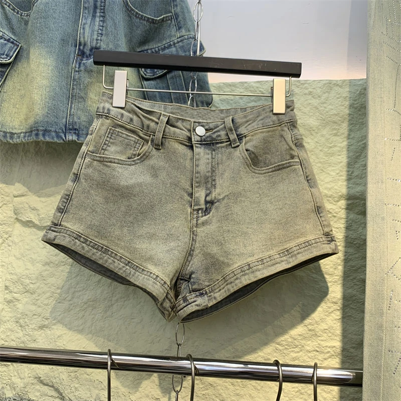 Stretch denim shorts female Slim high-waisted wide-leg zipper pockets package hip straight a word super short pants sub