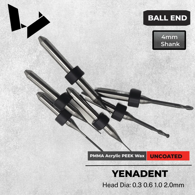 

Yenadent Tungsten Carbide Cutting Tool 0.3 0.6 1.0 2.0mm Dental Cad Cam Milling Burs for PMMA Wax Disk