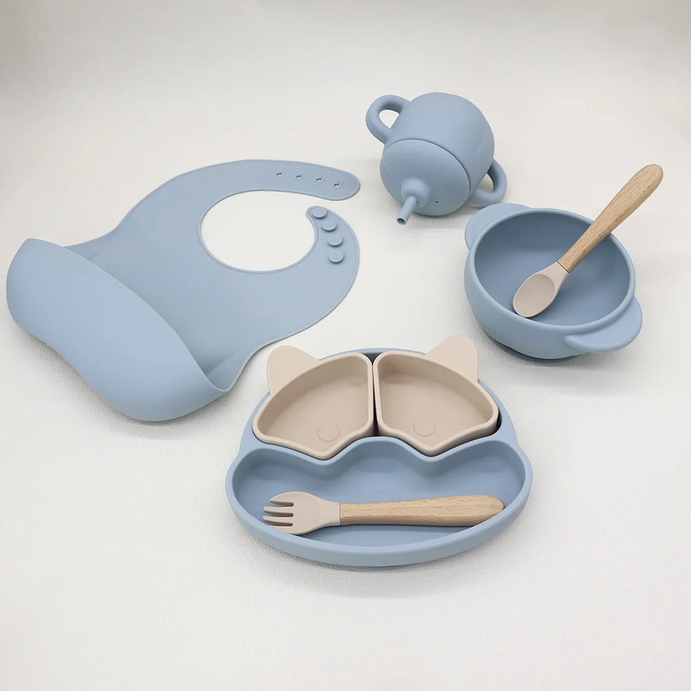 8pcs-baby-feeding-set-bpa-free-suction-bowl-detachable-dishes-plate-wood-handle-spoon-fork-silicone-bibs-children-tableware