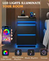 Black Nightstand with Charging Station and LED Lights, Bedside Table with 2 Wooden Drawers and Sliding Top, Modern, Customized 3
