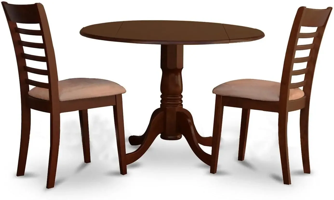

3 Piece Set Contains a Round Dining Room Table with Dropleaf and 2 Linen Fabric Upholstered Chairs, 42x42 Inch, Mahogany