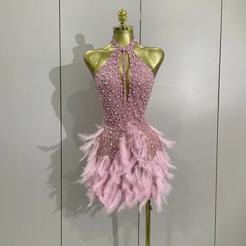 Women Luxury Rhinestones Pearls Feathers Halter Backless Short Dress Women Sexy Celebrate Birthday Dress Nightclub Stage Costume 1
